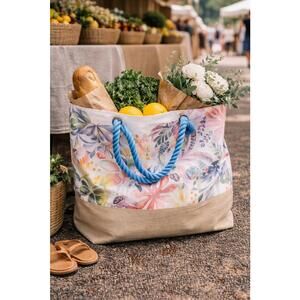 Classic Reusable Floral Print Shopping Tote Bag with Blue Rope Handles
